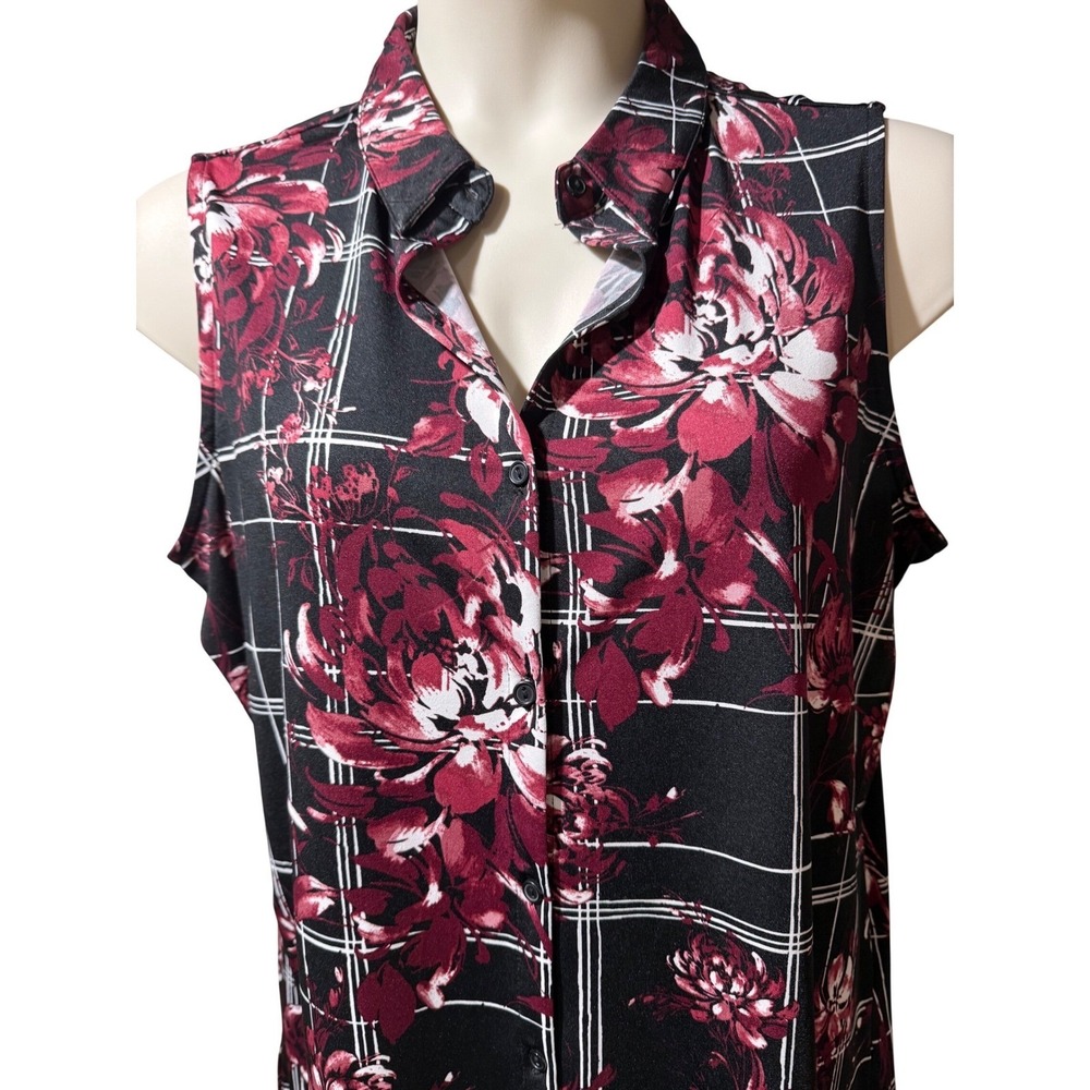 Avenue Women 14/16 Burgundy Floral Plaid Sleeveless Button Down Tunic‎ Top NWOT - Picture 3 of 13